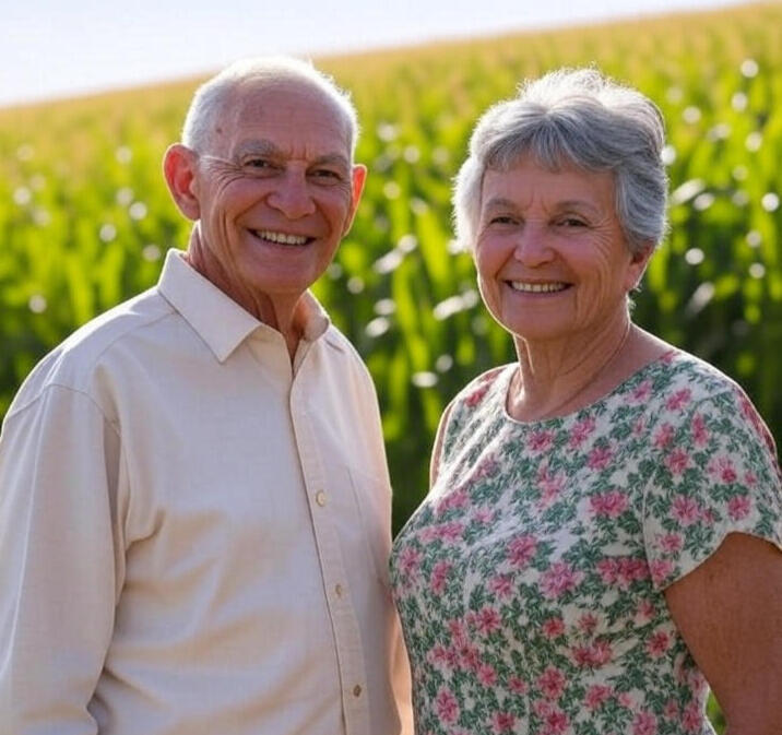 Couple in their 70s standing in front of a field of corn.